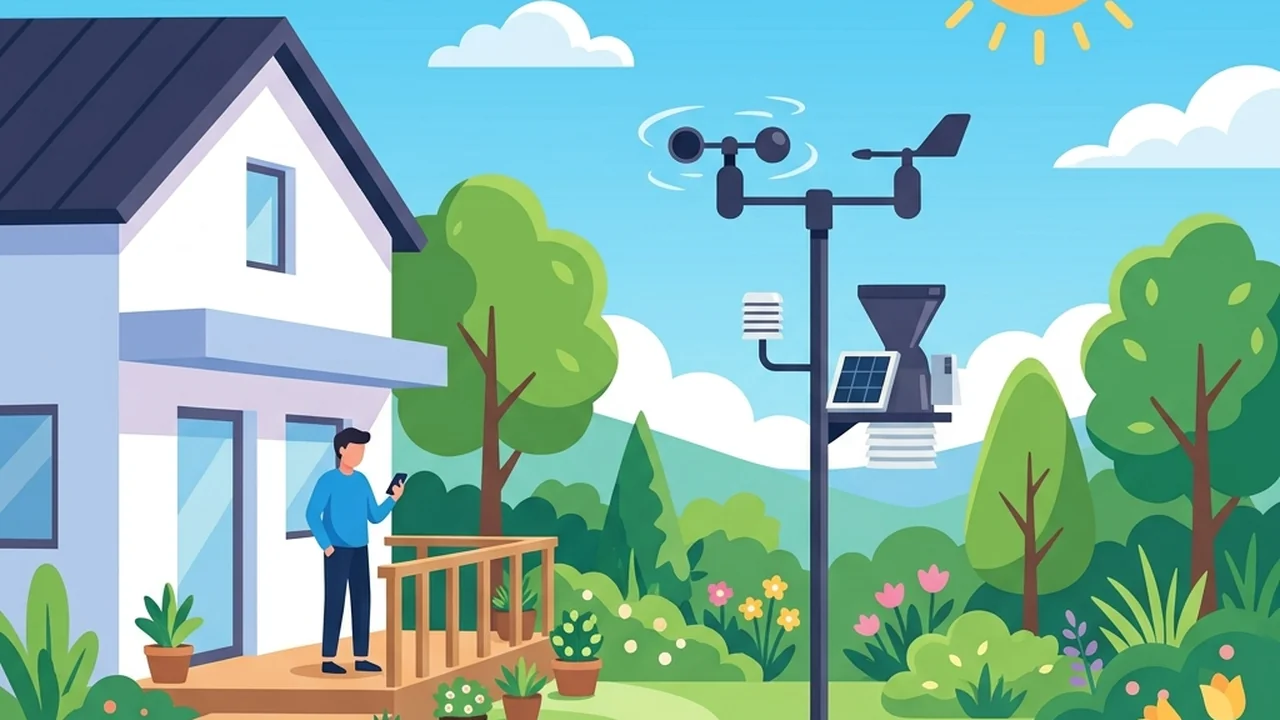 Station météo moderne dans un jardin ensoleillé, consultée depuis un smartphone